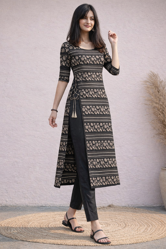 BLACK-DOTTED FLORAL KURTI