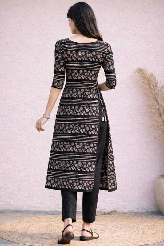 BLACK-DOTTED FLORAL KURTI